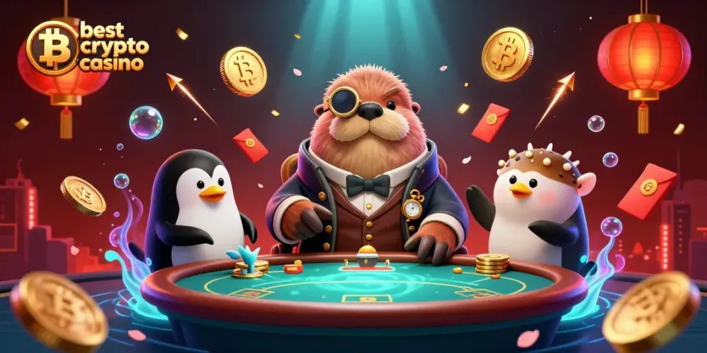 Gioca nel miglior crypto casino con Bitcoin e Ethereum in un'illustrazione vivace e coinvolgente.