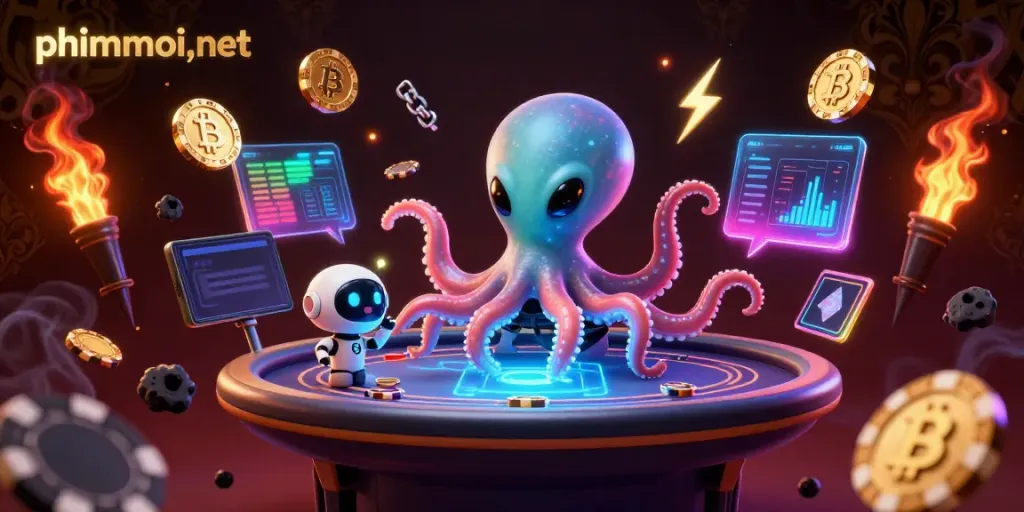 Engage with vibrant gaming at phimmoi,net with an alien octopus dealing cards in a casino