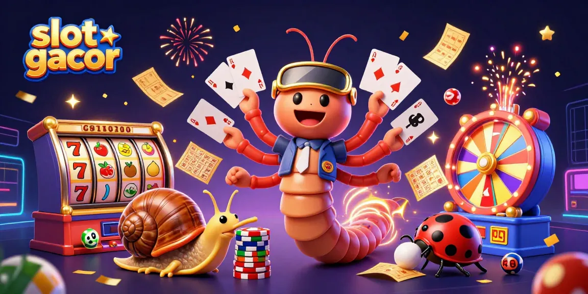 Engage with slot gacor excitement through a vibrant 3D illustration with casino-themed characters and elements.