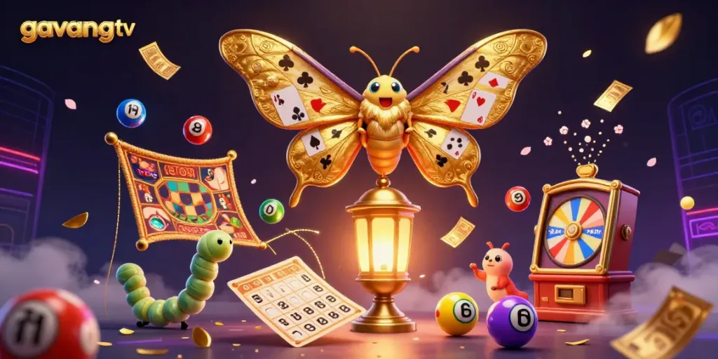 Gavangtv showcases a colorful 3D cartoon scene with a majestic atlas moth and vibrant gambling elements.