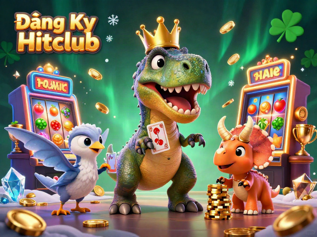 Engage in thrilling gameplay with Đăng Ký Hitclub as animated characters dive into a vibrant casino scene filled with slots and rewards.
