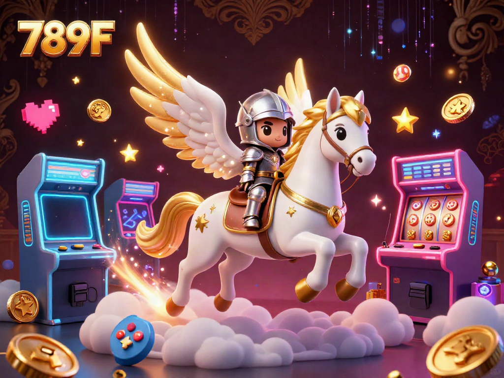 Engage with thrilling gameplay at 789F as a knight rides a celestial horse amidst vibrant casino elements.