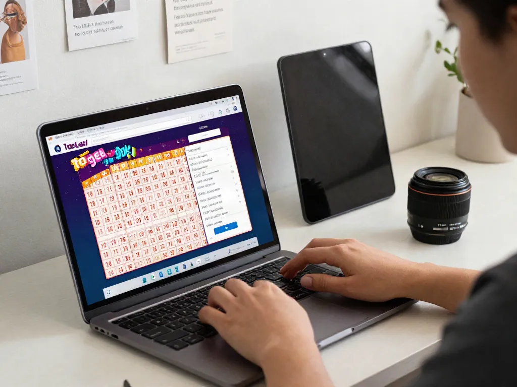 User accessing a reputable togel online lottery platform on a laptop with vibrant graphics.