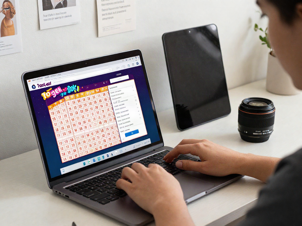 User accessing a reputable togel online lottery platform on a laptop with vibrant graphics.