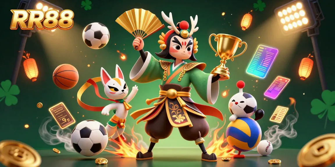 Experience thrilling sports betting at RR88 with vibrant characters and gaming elements in this dynamic illustration.