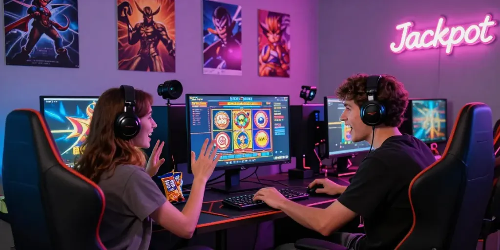 Engaged players enjoying online slot games in a vibrant gaming room.