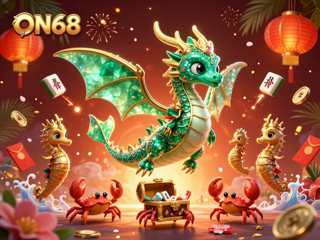 Experience the thrill of ON68 with a dazzling sea dragon and golden treasures in a vibrant casino scene.