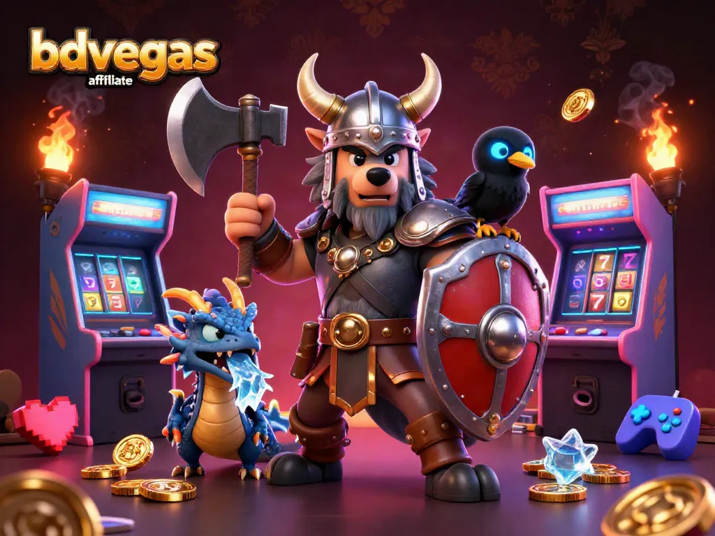 Engage with the bdvegas affiliate program through this vibrant 3D gaming illustration, showcasing casino excitement and rewards.