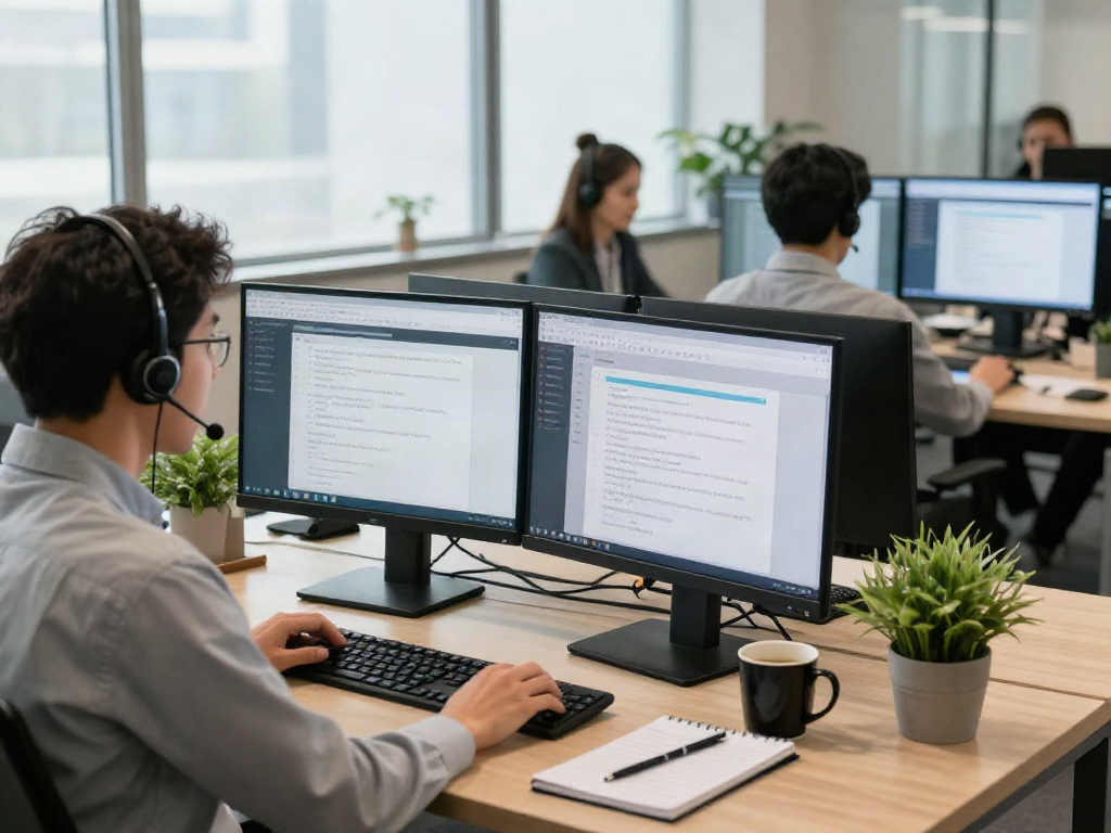 Customer support representative assisting client in modern office environment with dual monitors and collaborative atmosphere