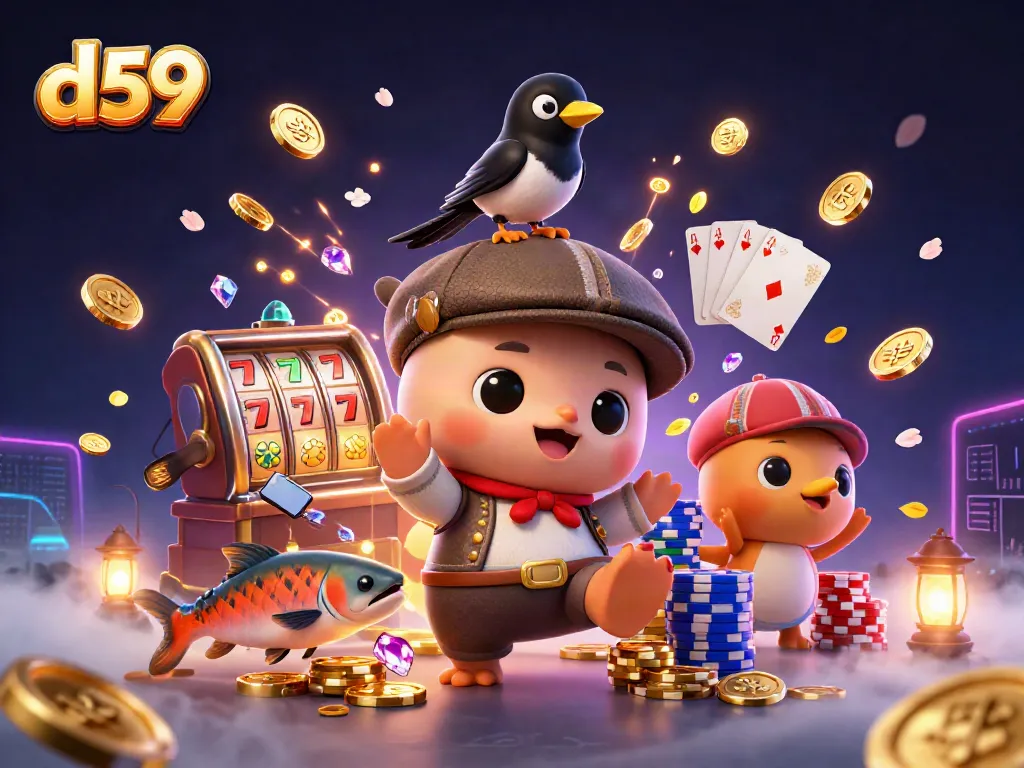 Spin the reels with d59 in an engaging 3D scene featuring a playful Nessie and vibrant casino elements.