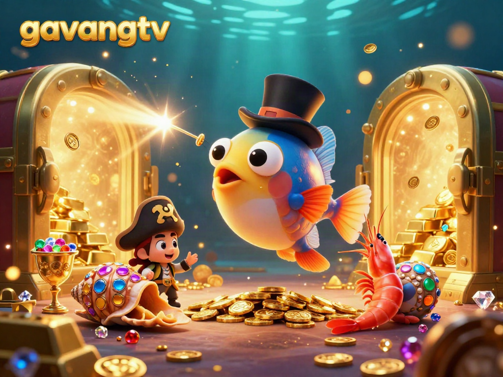 Gavangtv features a vibrant casino scene with an anglerfish and pirate shrimp attracting gold coins.