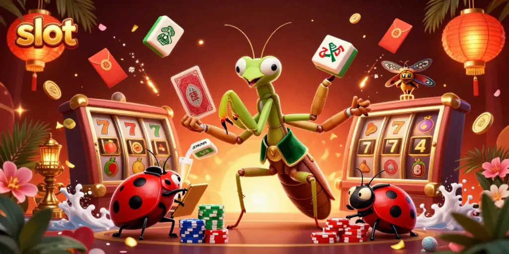 Experience thrilling slot adventures with a giant mantis card sharp and ladybug pit boss amidst colorful casino elements.