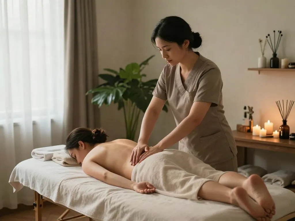 A tranquil spa setting showcasing a relaxing 관악구출장안마 massage session with soft lighting and natural decor.