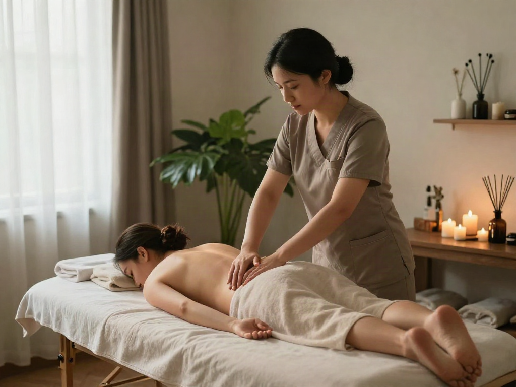 A tranquil spa setting showcasing a relaxing 관악구출장안마 massage session with soft lighting and natural decor.