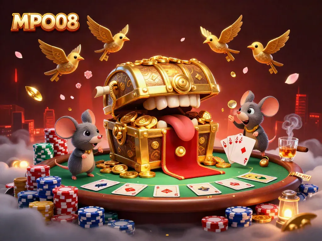 Experience MPO08's thrilling gameplay with a treasure chest and poker elements in a vibrant 3D illustration.