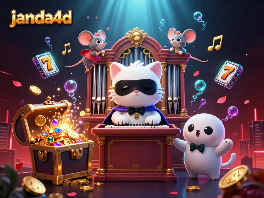 Permainan slot online janda4d dengan karakter unik di latar belakang kasino yang penuh daya tarik.