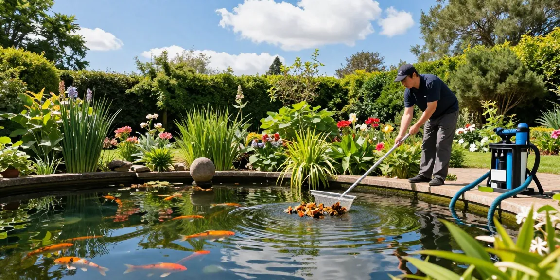 Pond Cleaning Surrey service expert removing debris from a beautifully maintained pond surrounded by vibrant greenery.