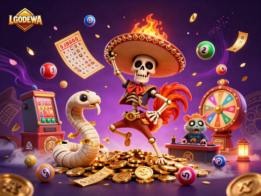 Experience the vibrant world of LGODEWA with animated characters and dynamic lottery game elements.