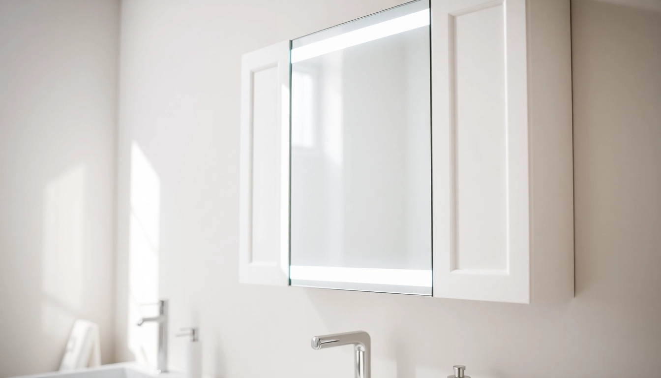 Spiegelschrank led mit elegantem Design und natürlichem Licht im modernen Badezimmer.