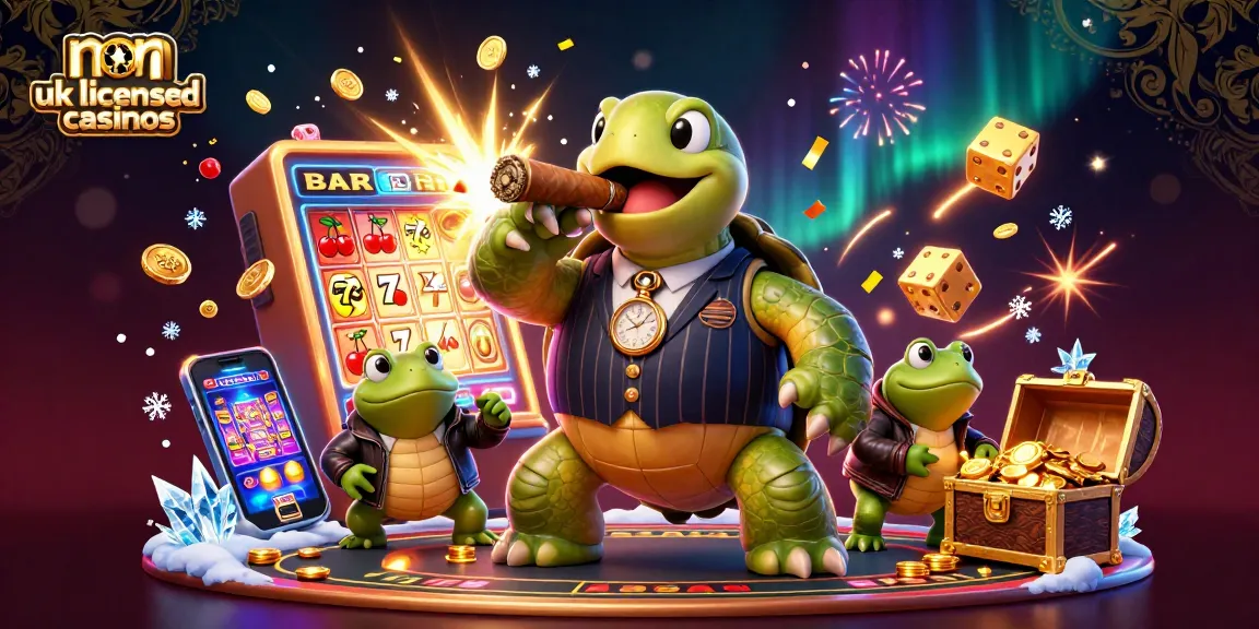 Engaging scene of non UK licensed casinos with animated characters and vibrant gaming elements.