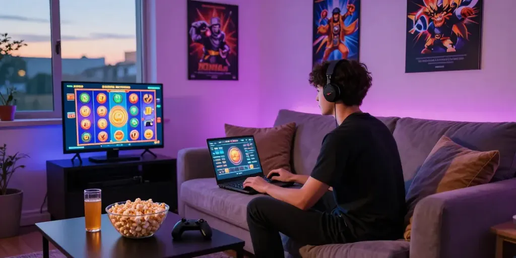 Engaging slot gaming scene with a player using a laptop on a cozy sofa.