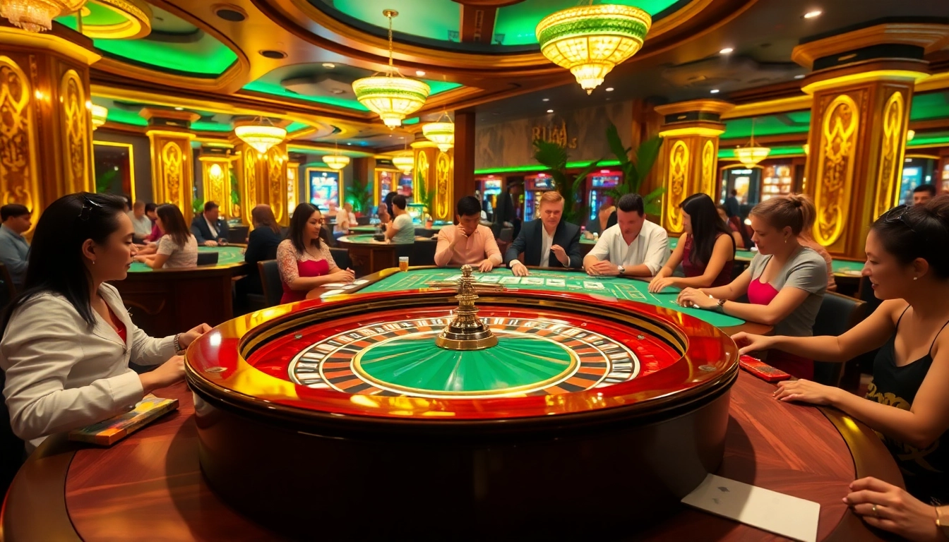 Gamble at a luxurious Rio-themed casino with vibrant tables and tropical decor.