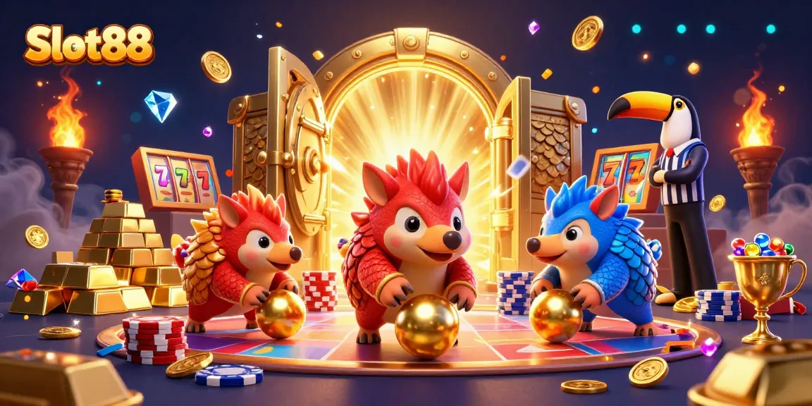 Engage in Slot88 excitement with rival pangolins bowling through poker chips amid dazzling jackpot elements.