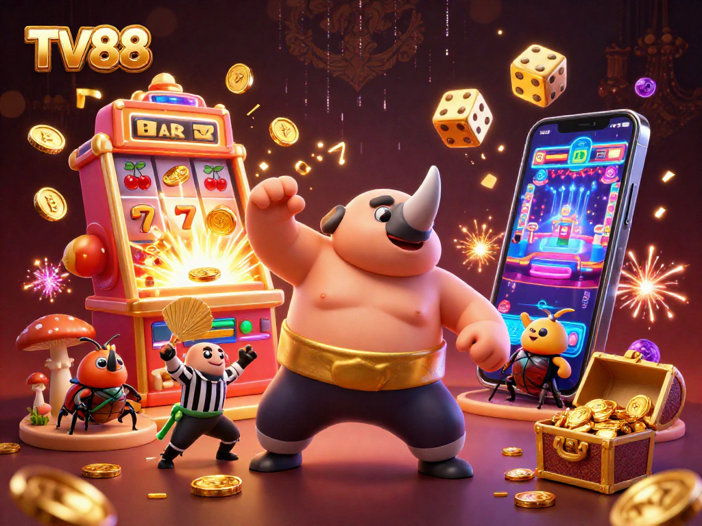 TV88 features a powerful sumo beetle champion surrounded by dynamic casino elements.