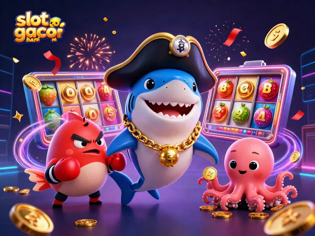 Bermain slot gacor hari ini dengan karakter kartun kasino yang menampilkan hiu bajak laut, ikan puffer, dan bayi gurita.
