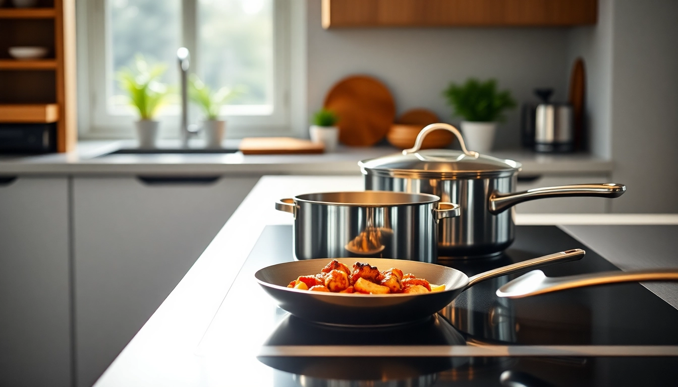 Highlighting the best cookware for induction NZ, a stainless-steel pot and frying pan with vibrant dishes.