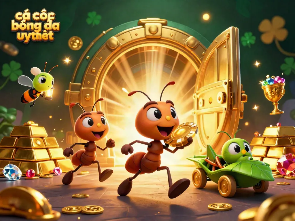 Tìm kiếm trang cá cược bóng đá uy tín với hình ảnh đội kiến 3D đang chạy cùng chip poker vàng khổng lồ.
