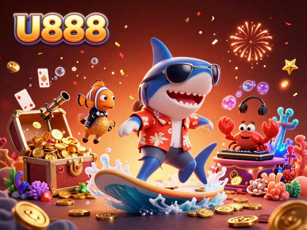 Experience the thrill of U888 with a vibrant 3D casino scene featuring a shark and colorful characters.