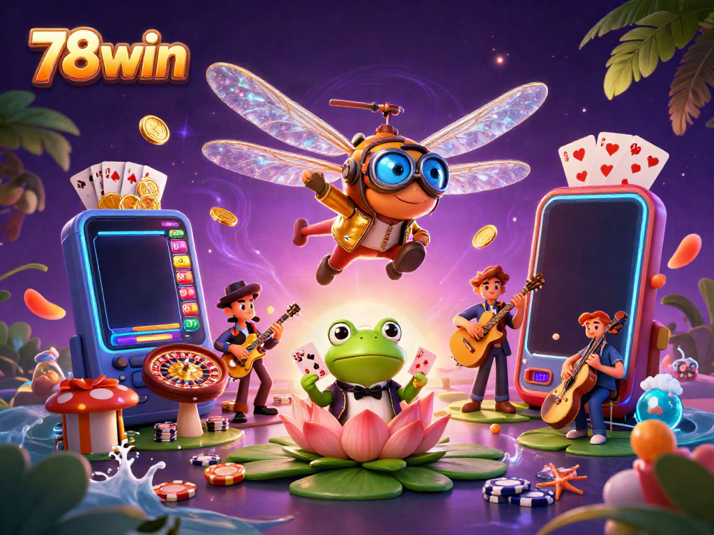 Experience vibrant gameplay with 78win as a dragonfly pilot and frog dealer create a lively casino scene.