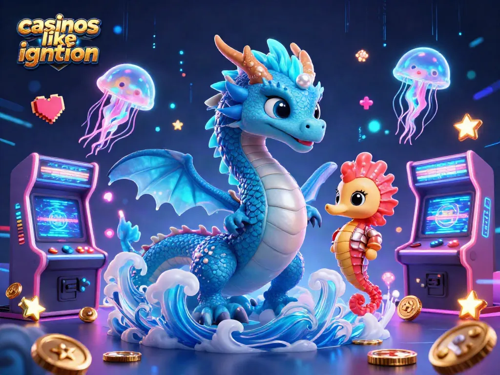 Engage with casinos like ignition featuring a 3D scene of a vibrant water dragon and arcade elements.