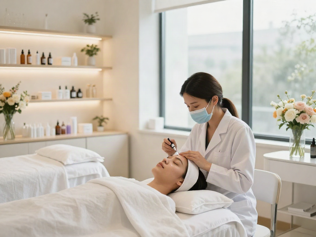Buy glow peptide Canada in a serene skincare studio, aesthetician applying a glow serum for youthful skin.