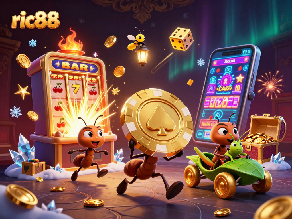 Experience the thrill of ric88 with ant thieves heisting a giant poker chip amidst explosive casino elements.