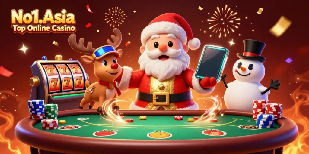 No1.Asia Top Online Casino scene featuring a cartoon Santa and friends celebrating a jackpot win with slot reels and poker chips.