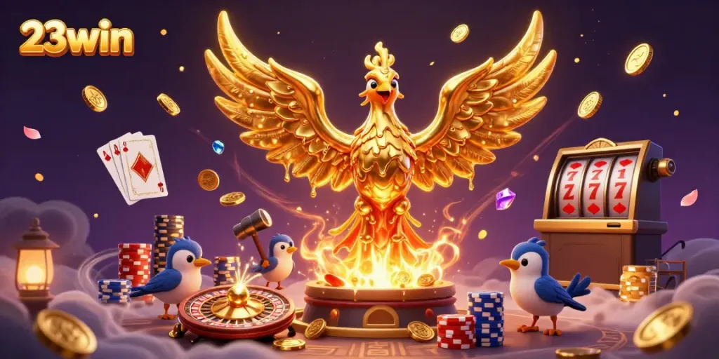 Experience high-stakes gaming with 23win as a molten phoenix emerges from the forge of fortune, surrounded by cascading gold.