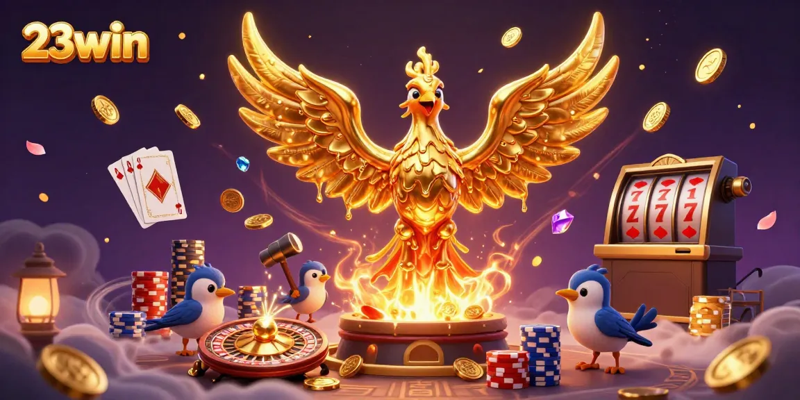 Experience high-stakes gaming with 23win as a molten phoenix emerges from the forge of fortune, surrounded by cascading gold.