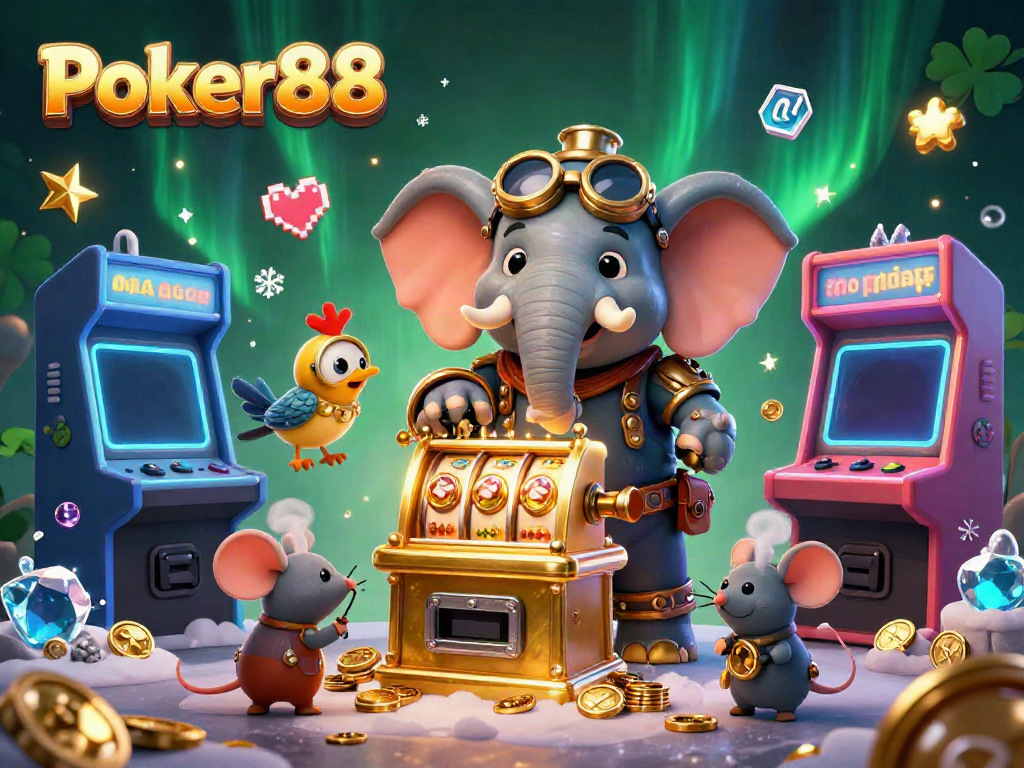Engage with Poker88 in an enchanting 3D illustration of a steampunk elephant engineer amidst colorful casino elements.