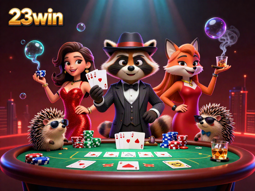Experience excitement at 23win with a vibrant poker scene featuring dynamic characters and rich casino elements.