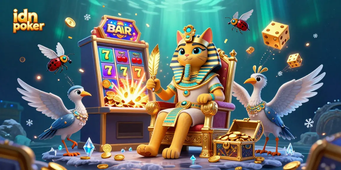 Experience the excitement of idn poker in a vibrant casino scene with a pharaoh cat and treasures.