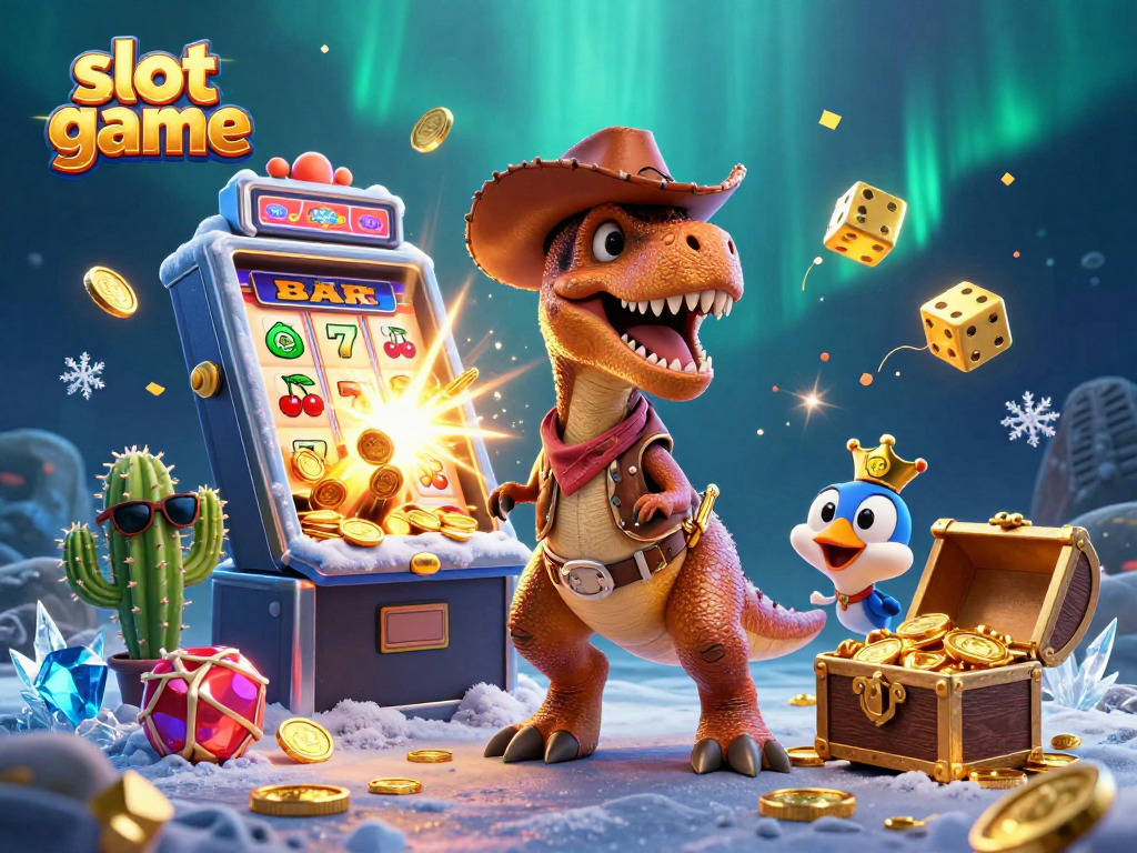 Engage with this vibrant slot game scene featuring a cowboy dinosaur, cactus, and roadrunner.