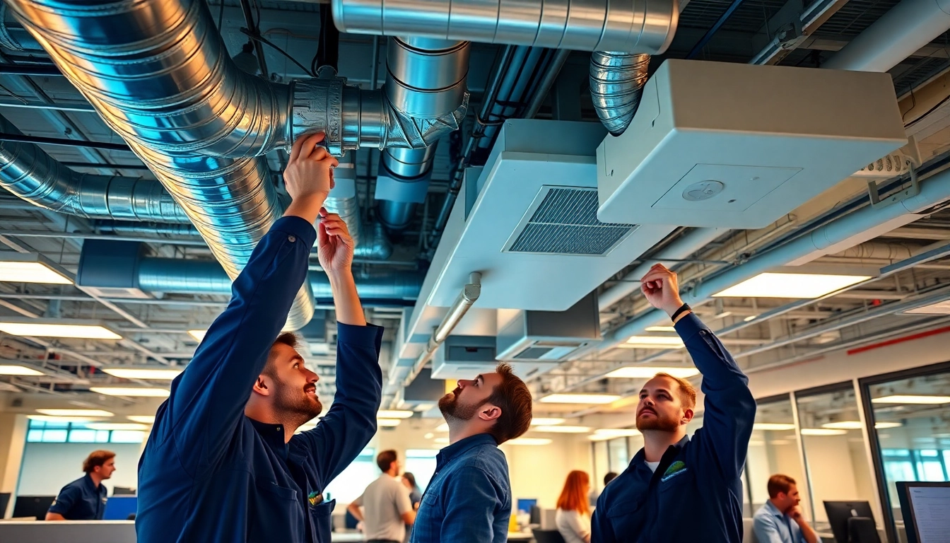 Technicians work on a commercial hvac system, ensuring optimal temperature control.