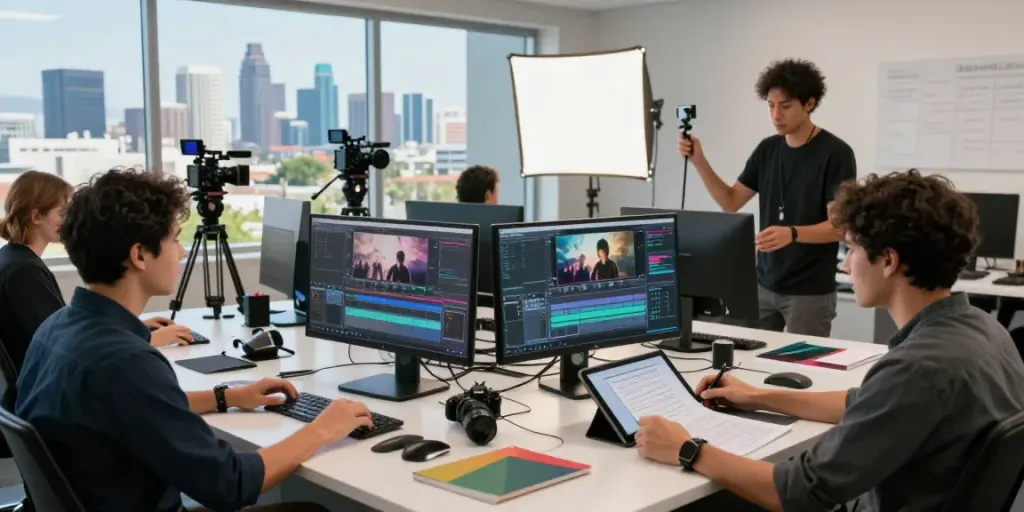 Creative collaboration at a video production company Los Angeles, California, with diverse team members engaged in filmmaking activities.