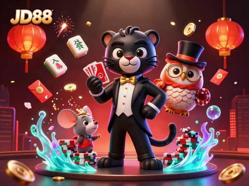 Experience the thrilling world of JD88 with a stylish black panther dealer surrounded by vibrant casino elements.