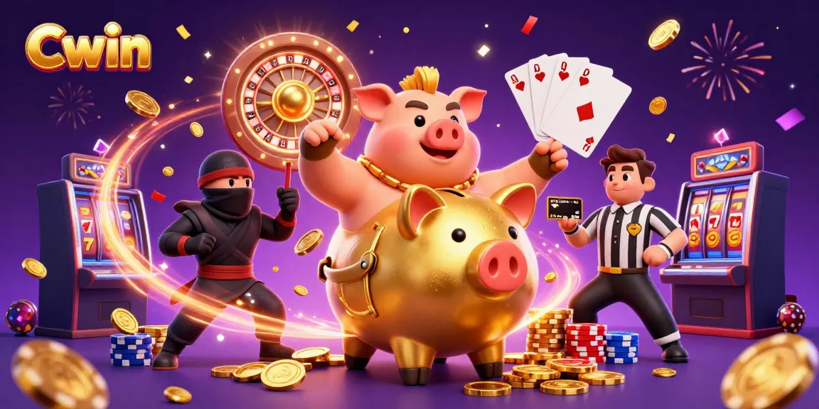 Cwin's exciting casino scene with a golden piggy bank sumo wrestler in action, surrounded by coins and cards.