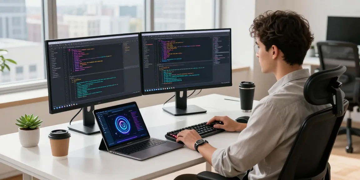 Developer programming AI solutions in a modern office, showcasing productivity and innovation in tech.
