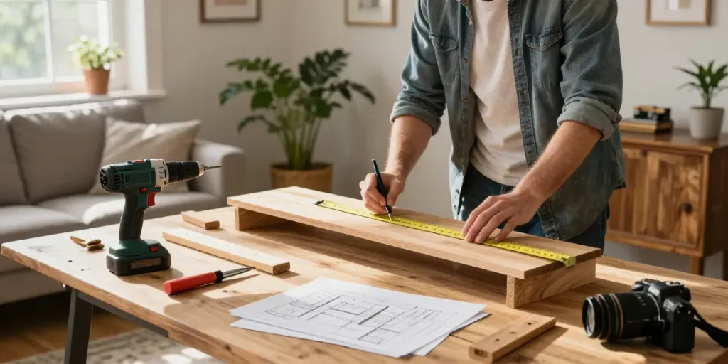 Proyek home improvement king128 dengan penggemar DIY sedang memotong kayu di ruang tamu yang nyaman.