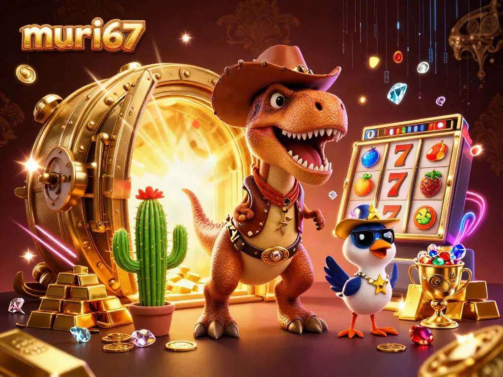Murai67 casino scene showcasing a T-Rex and friends with slot reels and gold treasures.